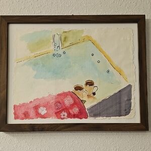 Red and Brown Watercolor Drawing of a Bathtub Scene